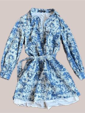 House of Lancry Watercolor Sky Print Belted Mini Dress